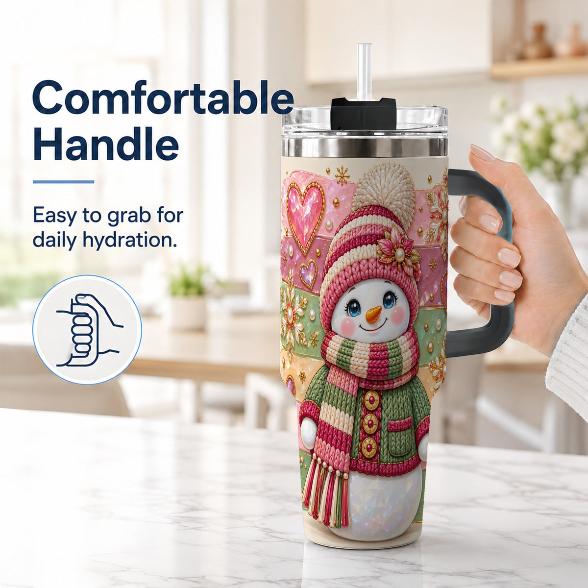 #pl[40oz|Black] Cozy Snowman 40oz Tumbler, Heart Snowflake Tumbler, Steel Travel Cup
