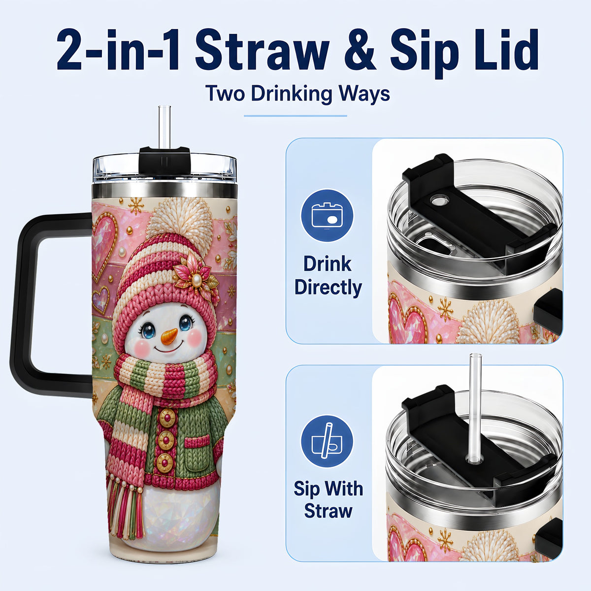 #pl[40oz|Black] Cozy Snowman 40oz Tumbler, Heart Snowflake Tumbler, Steel Travel Cup