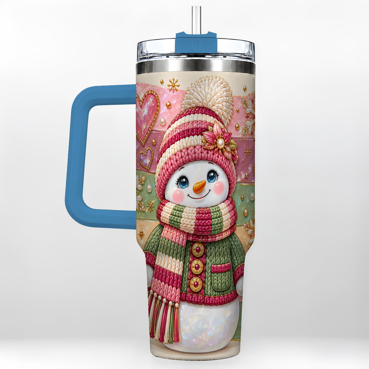 #pl[40oz|Blue] Cozy Snowman 40oz Tumbler, Heart Snowflake Tumbler, Steel Travel Cup