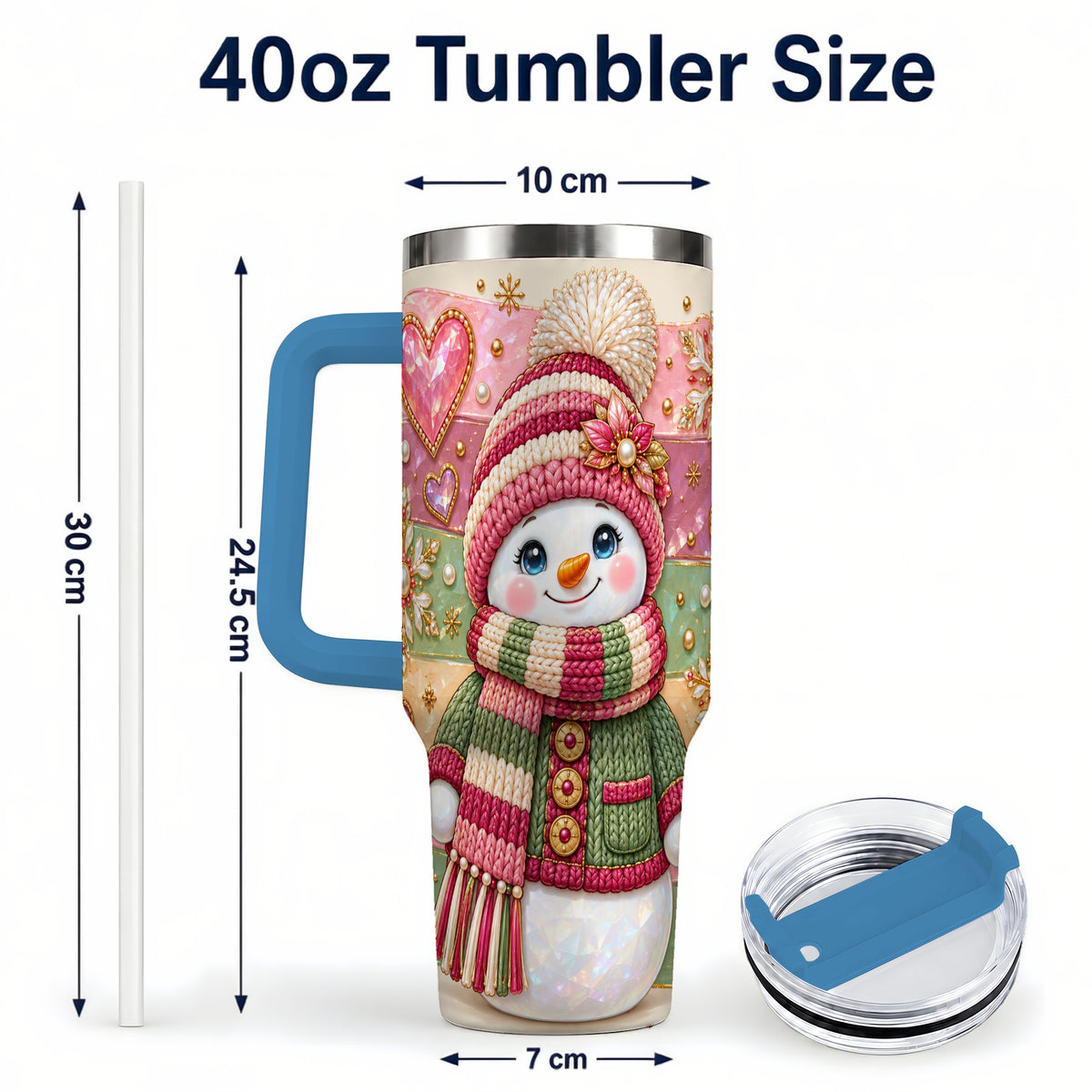 #pl[40oz|Blue] Cozy Snowman 40oz Tumbler, Heart Snowflake Tumbler, Steel Travel Cup