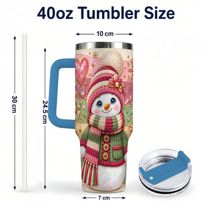 #pl[40oz|Blue] Cozy Snowman 40oz Tumbler, Heart Snowflake Tumbler, Steel Travel Cup