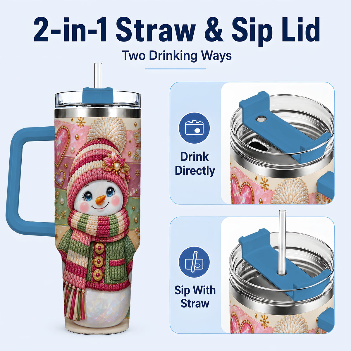 #pl[40oz|Blue] Cozy Snowman 40oz Tumbler, Heart Snowflake Tumbler, Steel Travel Cup