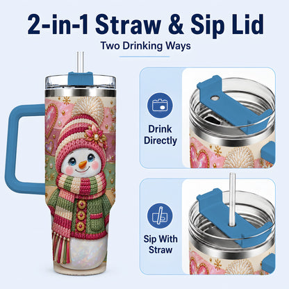 #pl[40oz|Blue] Cozy Snowman 40oz Tumbler, Heart Snowflake Tumbler, Steel Travel Cup
