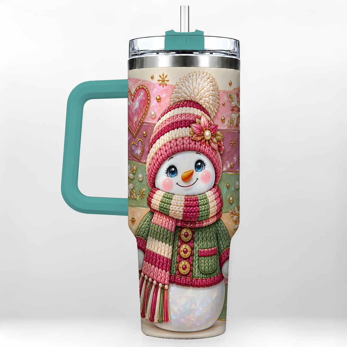 #pl[40oz|Green] Cozy Snowman 40oz Tumbler, Heart Snowflake Tumbler, Steel Travel Cup