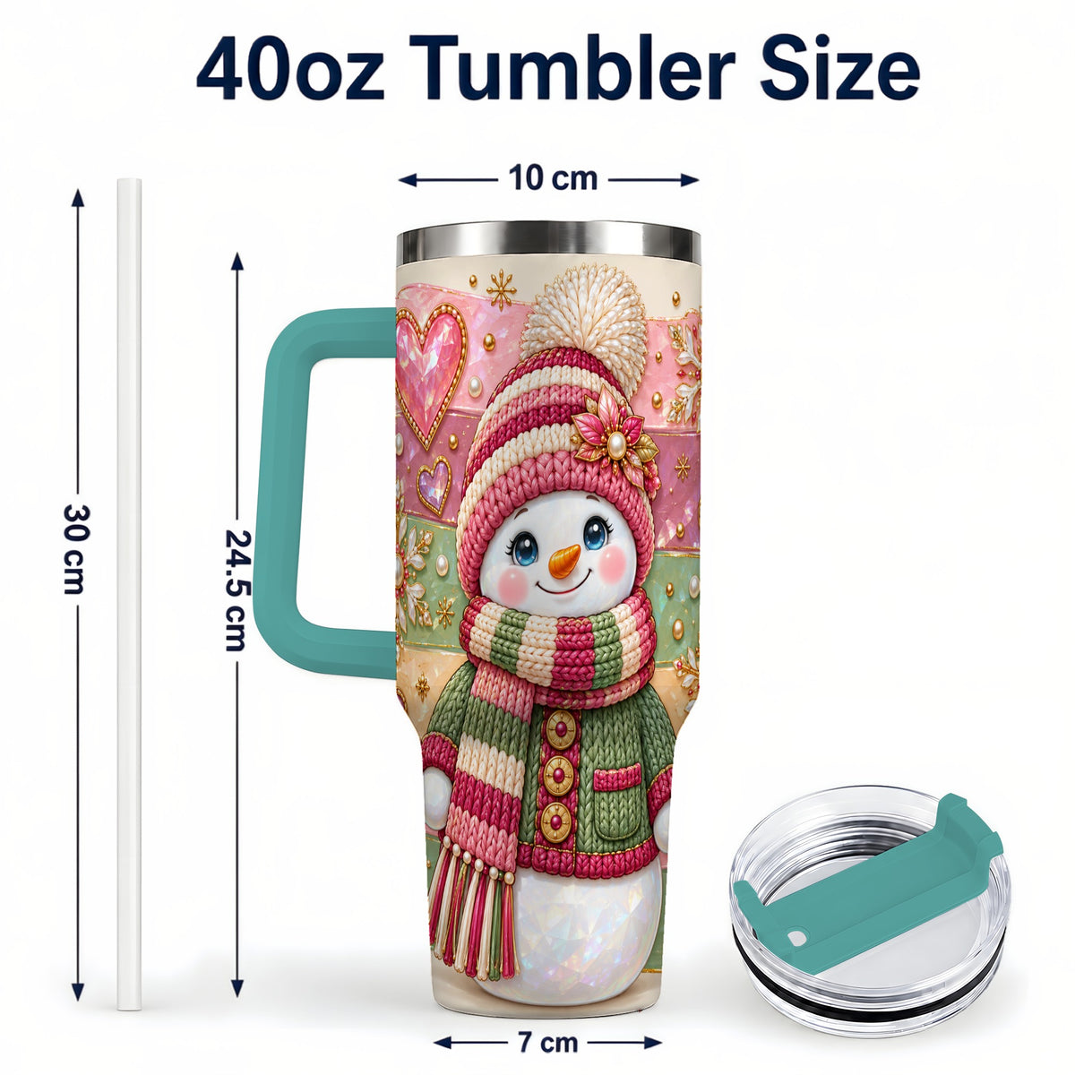 #pl[40oz|Green] Cozy Snowman 40oz Tumbler, Heart Snowflake Tumbler, Steel Travel Cup