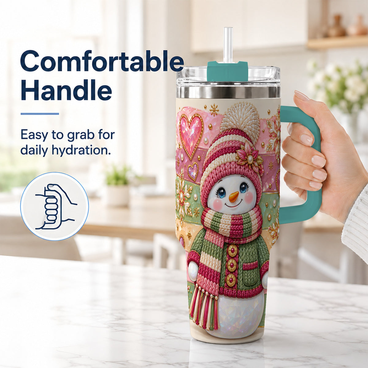 #pl[40oz|Green] Cozy Snowman 40oz Tumbler, Heart Snowflake Tumbler, Steel Travel Cup