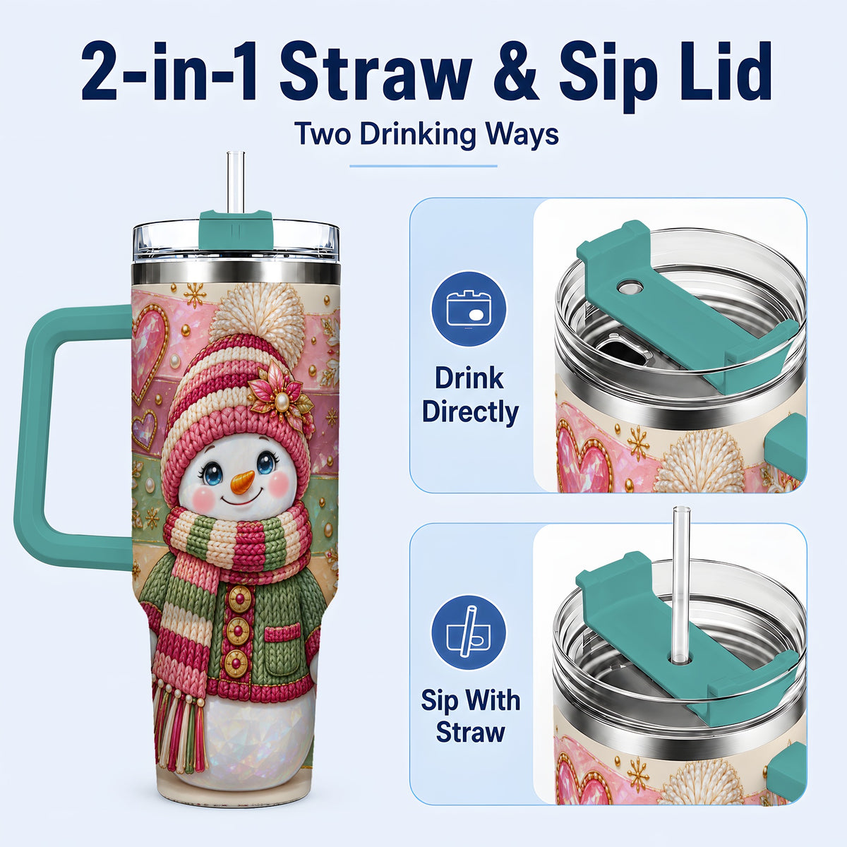 #pl[40oz|Green] Cozy Snowman 40oz Tumbler, Heart Snowflake Tumbler, Steel Travel Cup