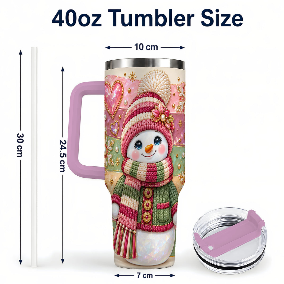 #pl[40oz|Pink] Cozy Snowman 40oz Tumbler, Heart Snowflake Tumbler, Steel Travel Cup