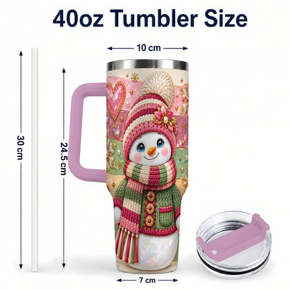 #pl[40oz|Pink] Cozy Snowman 40oz Tumbler, Heart Snowflake Tumbler, Steel Travel Cup