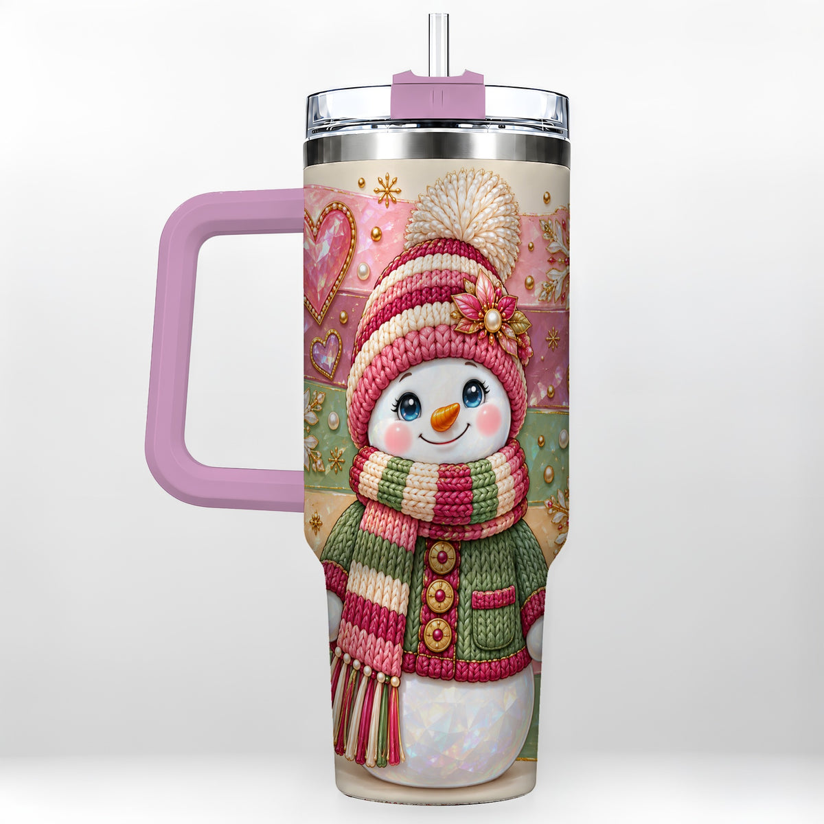 #pl[40oz|Pink] Cozy Snowman 40oz Tumbler, Heart Snowflake Tumbler, Steel Travel Cup