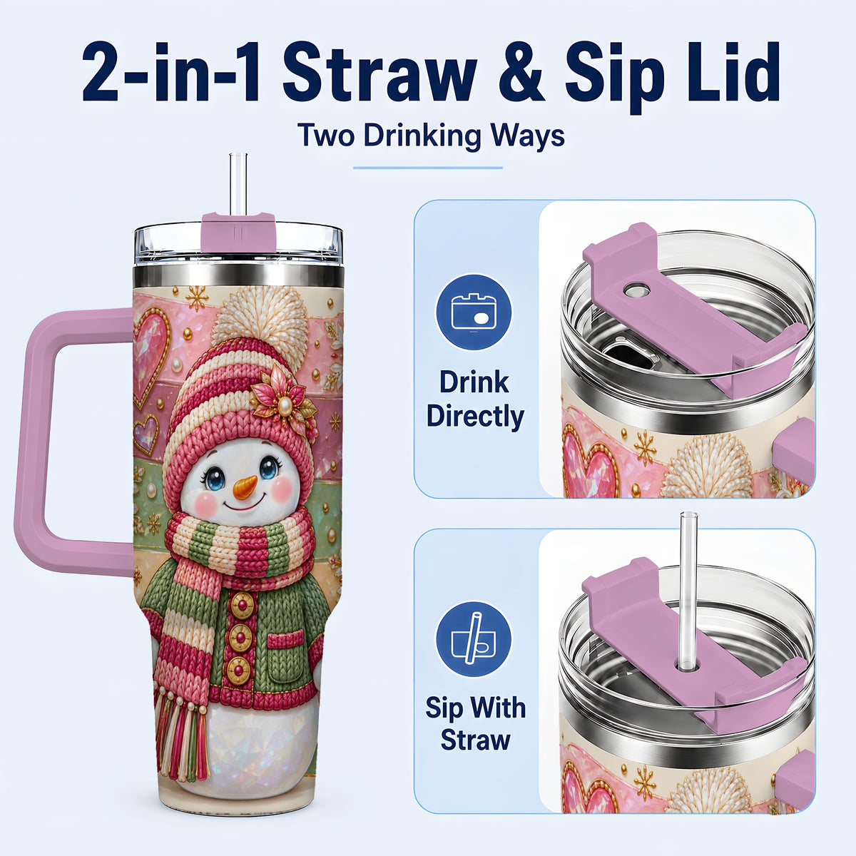 #pl[40oz|Pink] Cozy Snowman 40oz Tumbler, Heart Snowflake Tumbler, Steel Travel Cup