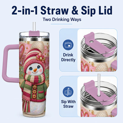 #pl[40oz|Pink] Cozy Snowman 40oz Tumbler, Heart Snowflake Tumbler, Steel Travel Cup
