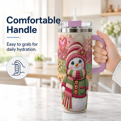 #pl[40oz|Pink] Cozy Snowman 40oz Tumbler, Heart Snowflake Tumbler, Steel Travel Cup