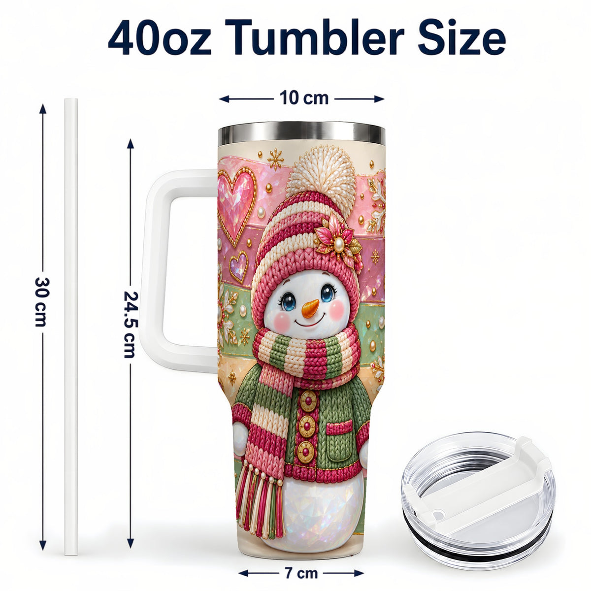 #pl[40oz|White] Cozy Snowman 40oz Tumbler, Heart Snowflake Tumbler, Steel Travel Cup