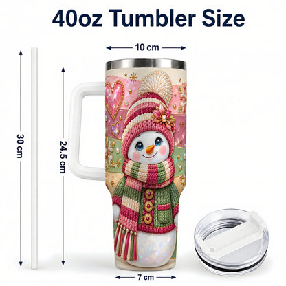 #pl[40oz|White] Cozy Snowman 40oz Tumbler, Heart Snowflake Tumbler, Steel Travel Cup