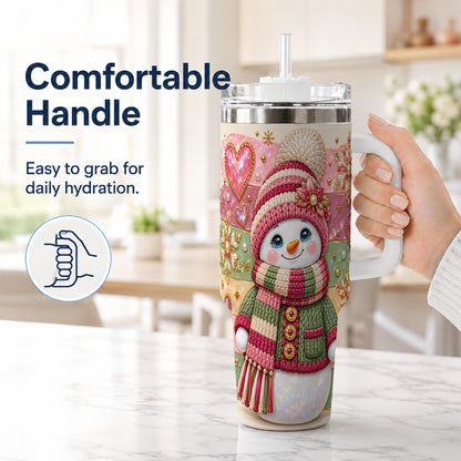 #pl[40oz|White] Cozy Snowman 40oz Tumbler, Heart Snowflake Tumbler, Steel Travel Cup