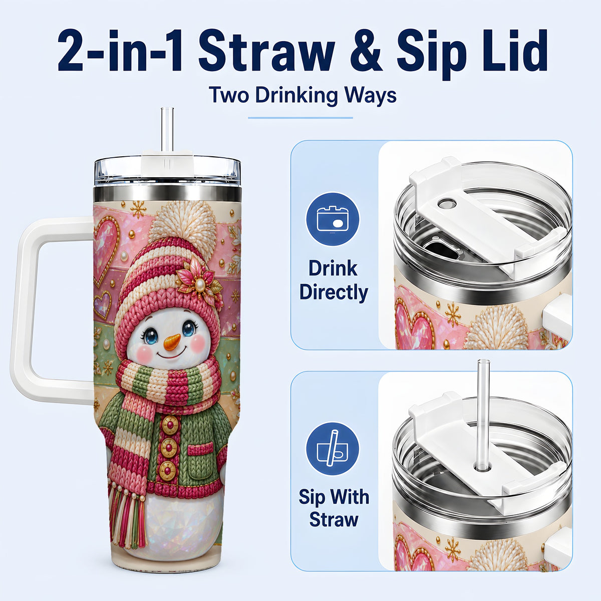 #pl[40oz|White] Cozy Snowman 40oz Tumbler, Heart Snowflake Tumbler, Steel Travel Cup