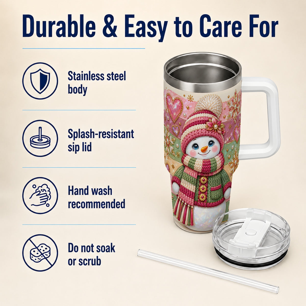 Cozy Snowman 40oz Tumbler, Heart Snowflake Tumbler, Steel Travel Cup