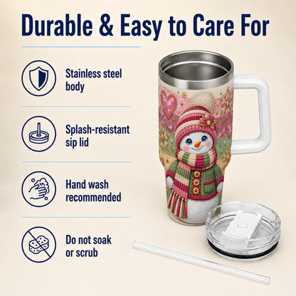 Cozy Snowman 40oz Tumbler, Heart Snowflake Tumbler, Steel Travel Cup