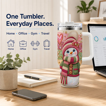 Cozy Snowman 40oz Tumbler, Heart Snowflake Tumbler, Steel Travel Cup