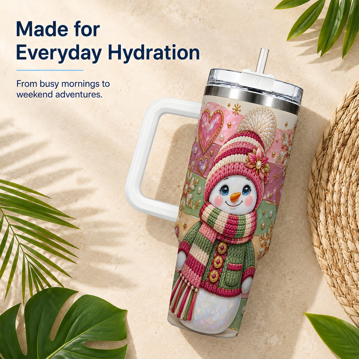 Cozy Snowman 40oz Tumbler, Heart Snowflake Tumbler, Steel Travel Cup