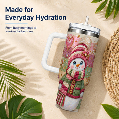Cozy Snowman 40oz Tumbler, Heart Snowflake Tumbler, Steel Travel Cup