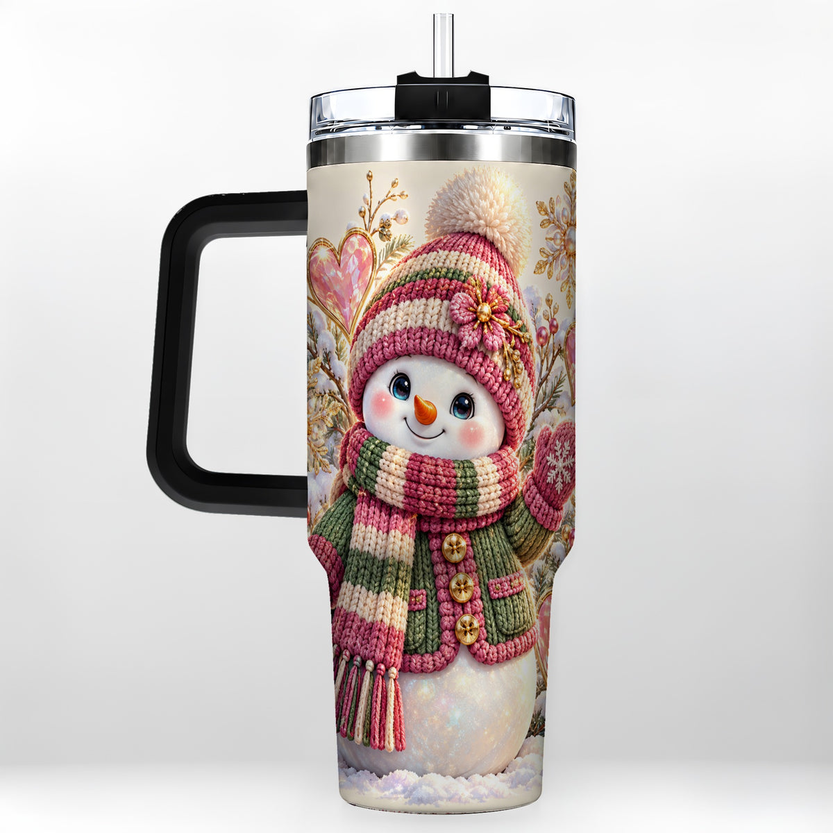 #pl[40oz|Black] Knitted Snowman 40oz Tumbler with Handle, Winter Heart Travel Cup