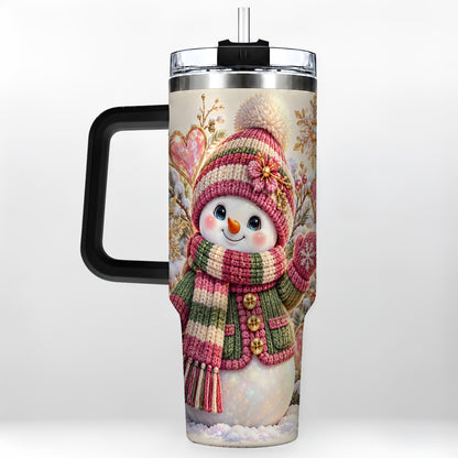 #pl[40oz|Black] Knitted Snowman 40oz Tumbler with Handle, Winter Heart Travel Cup