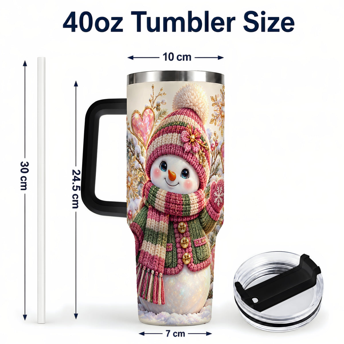 #pl[40oz|Black] Knitted Snowman 40oz Tumbler with Handle, Winter Heart Travel Cup