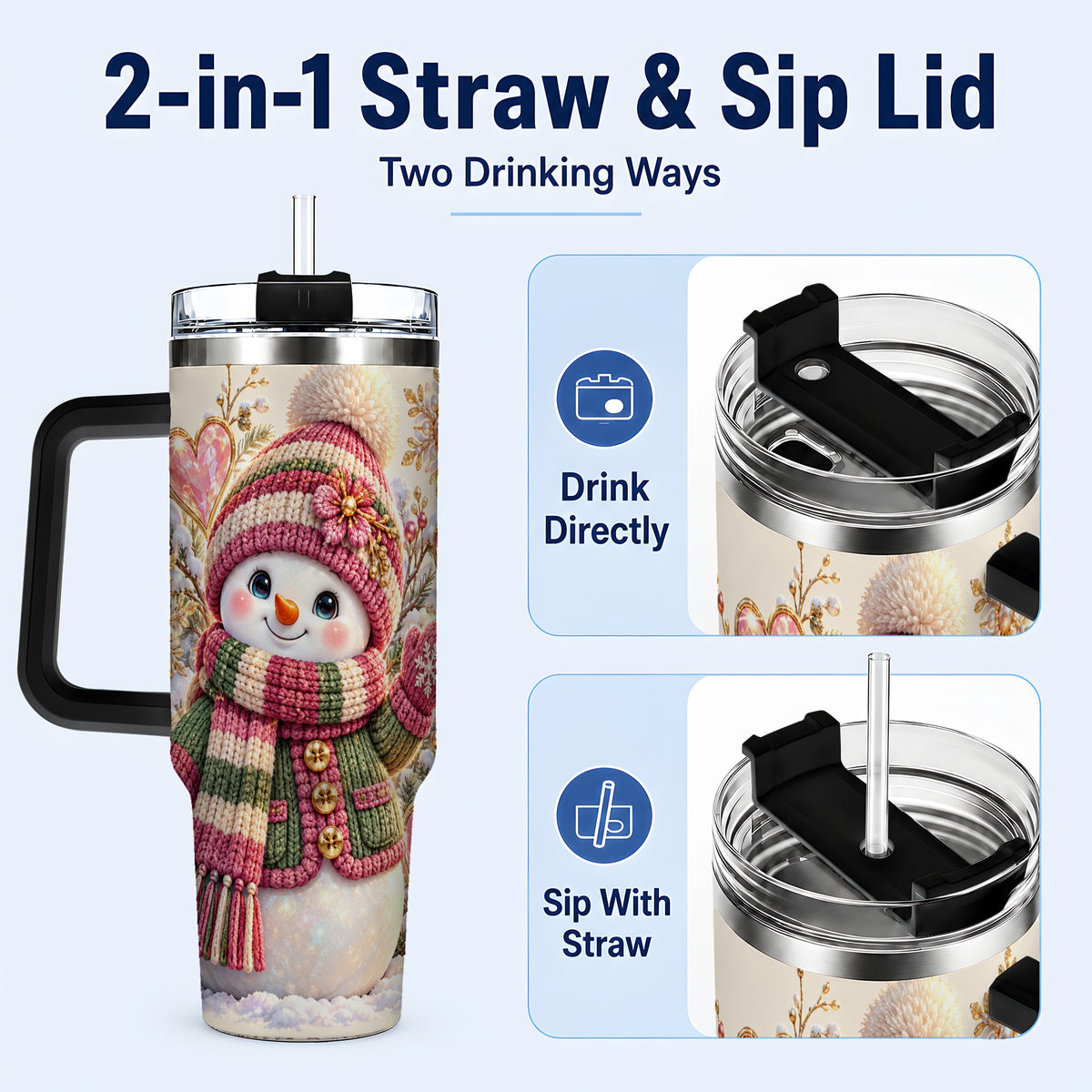 #pl[40oz|Black] Knitted Snowman 40oz Tumbler with Handle, Winter Heart Travel Cup