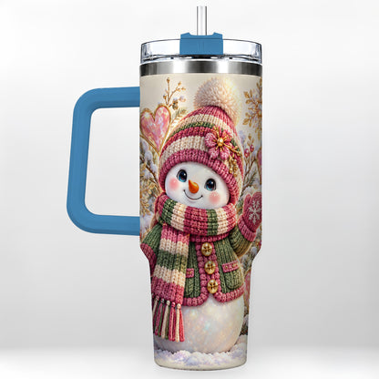 #pl[40oz|Blue] Knitted Snowman 40oz Tumbler with Handle, Winter Heart Travel Cup