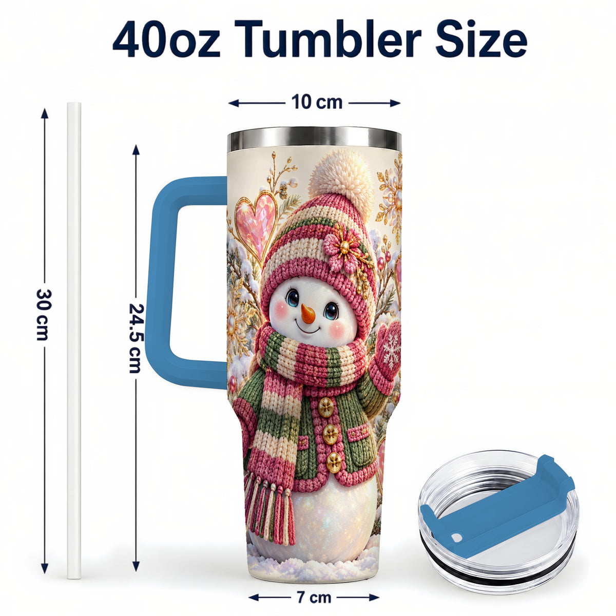#pl[40oz|Blue] Knitted Snowman 40oz Tumbler with Handle, Winter Heart Travel Cup