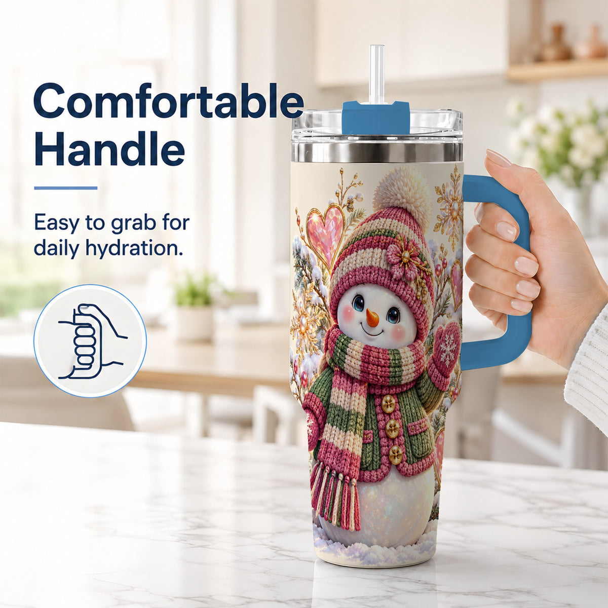 #pl[40oz|Blue] Knitted Snowman 40oz Tumbler with Handle, Winter Heart Travel Cup