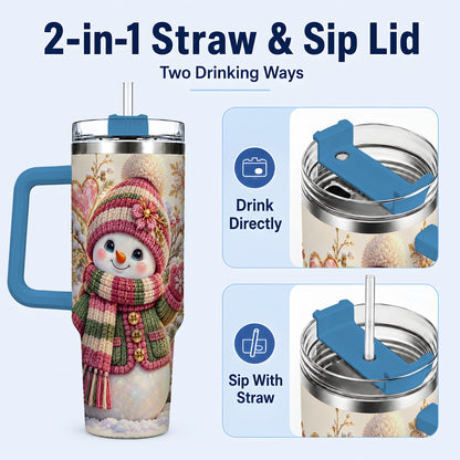 #pl[40oz|Blue] Knitted Snowman 40oz Tumbler with Handle, Winter Heart Travel Cup