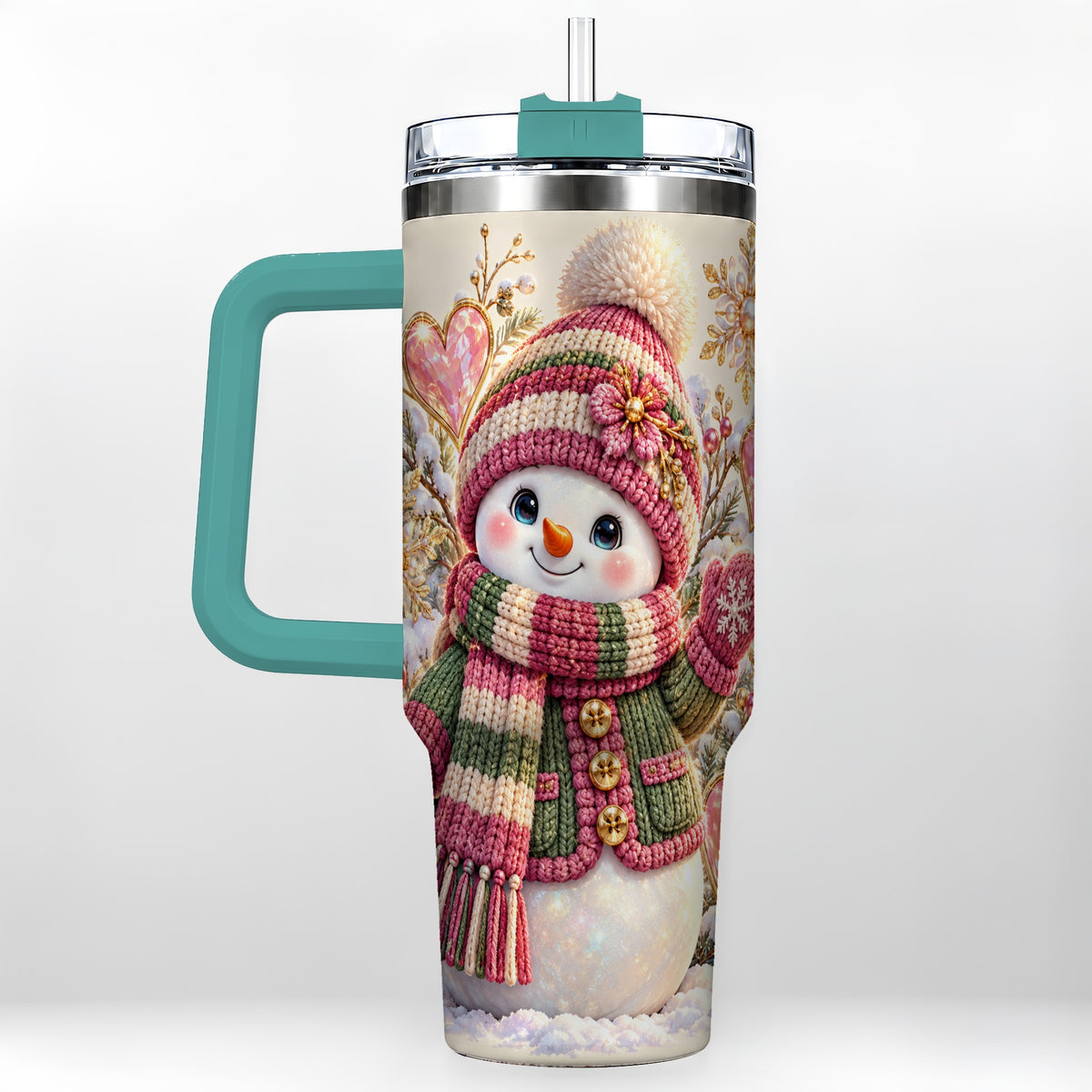 #pl[40oz|Green] Knitted Snowman 40oz Tumbler with Handle, Winter Heart Travel Cup