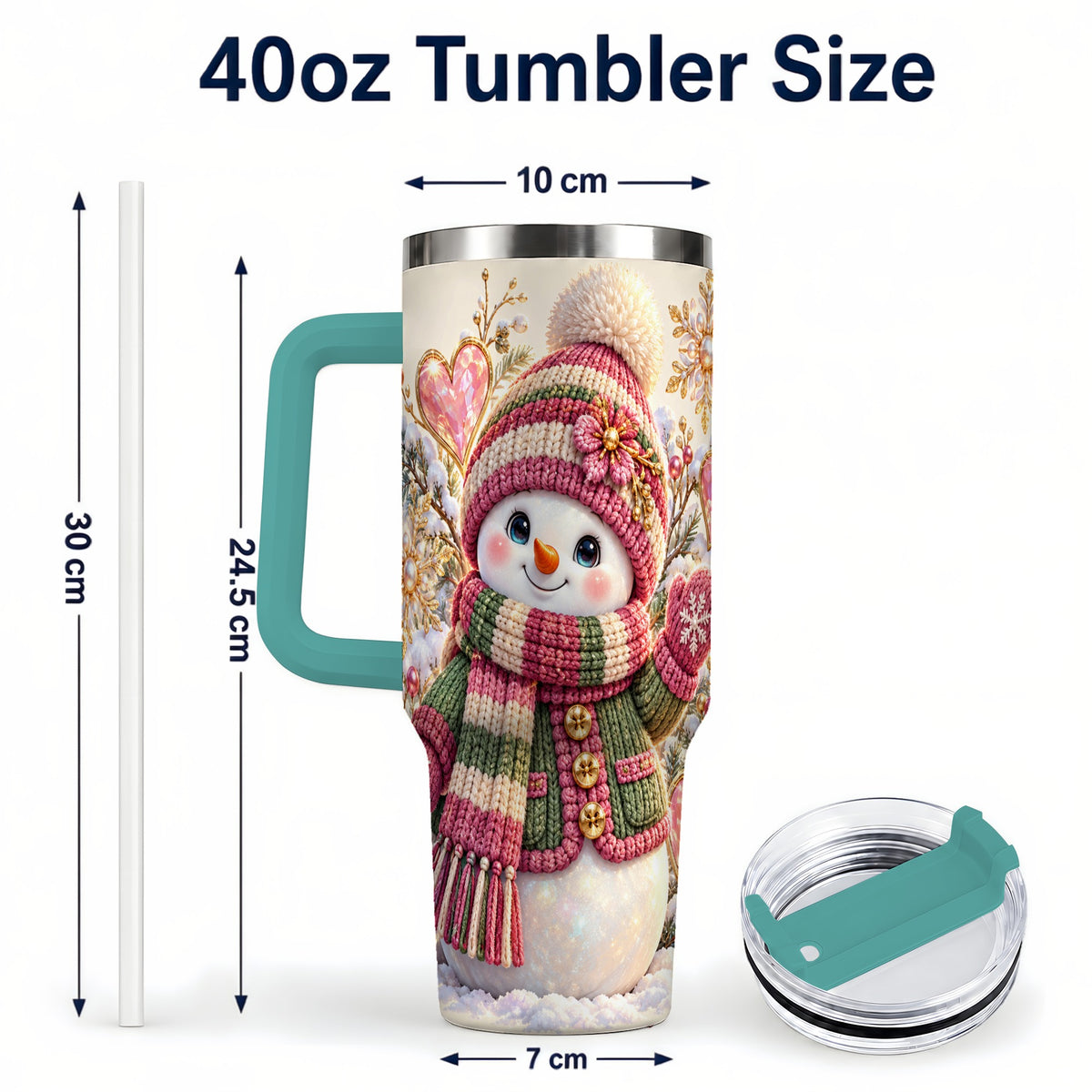 #pl[40oz|Green] Knitted Snowman 40oz Tumbler with Handle, Winter Heart Travel Cup