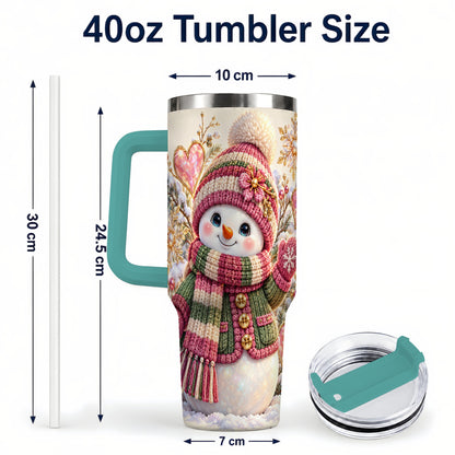 #pl[40oz|Green] Knitted Snowman 40oz Tumbler with Handle, Winter Heart Travel Cup