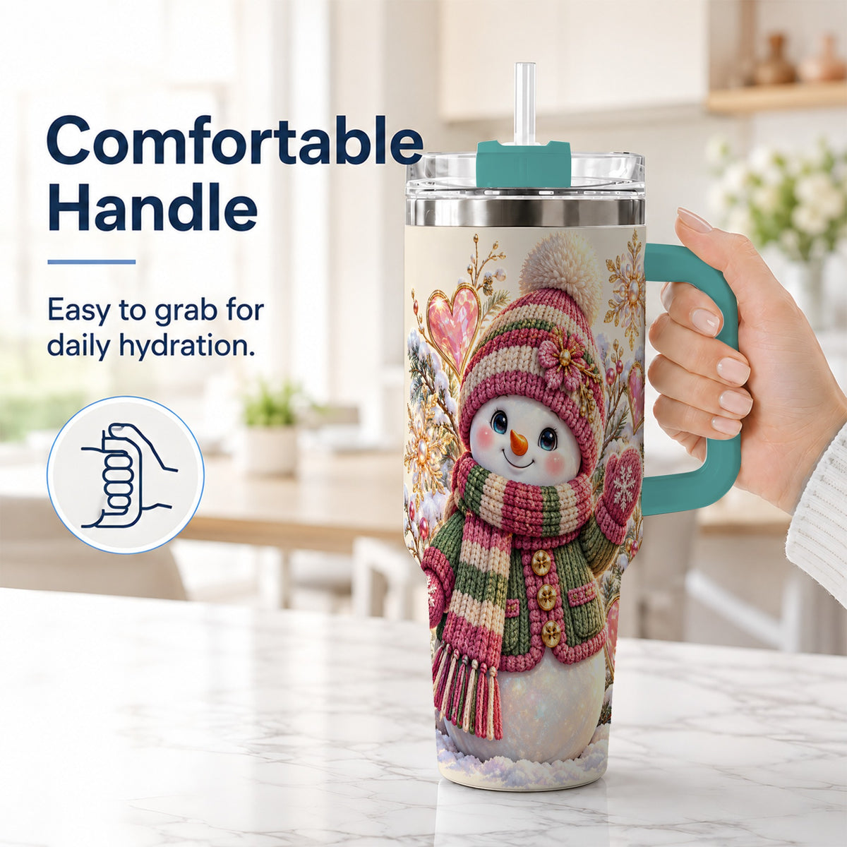 #pl[40oz|Green] Knitted Snowman 40oz Tumbler with Handle, Winter Heart Travel Cup