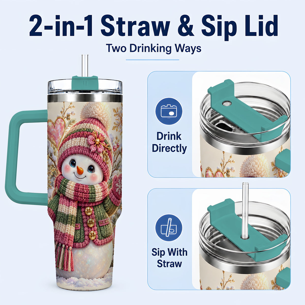 #pl[40oz|Green] Knitted Snowman 40oz Tumbler with Handle, Winter Heart Travel Cup