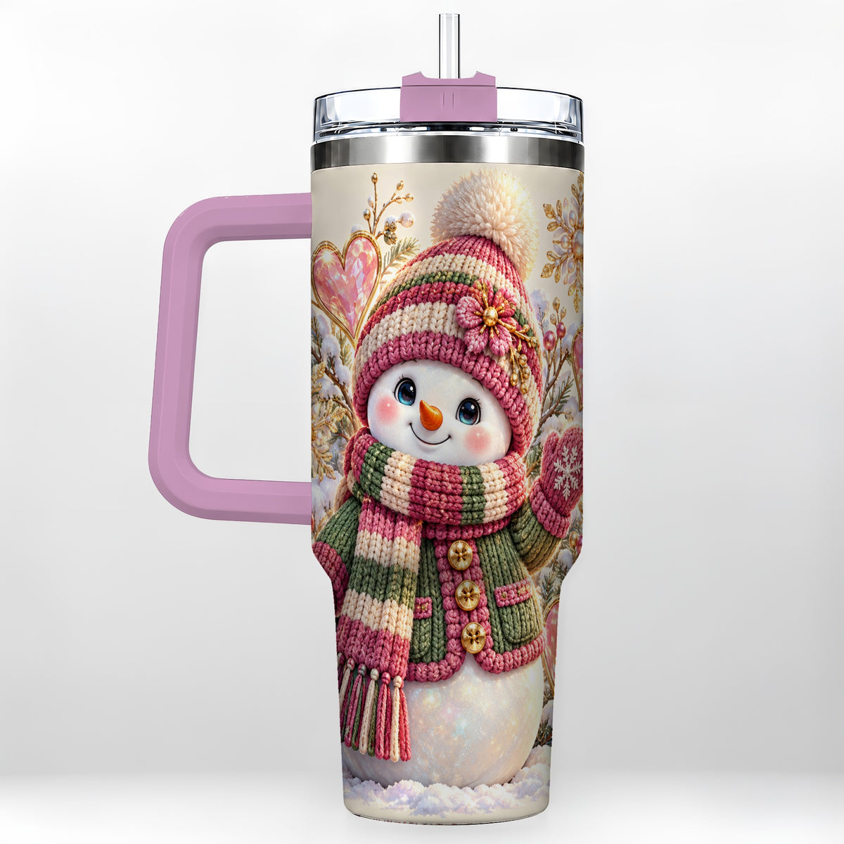 #pl[40oz|Pink] Knitted Snowman 40oz Tumbler with Handle, Winter Heart Travel Cup