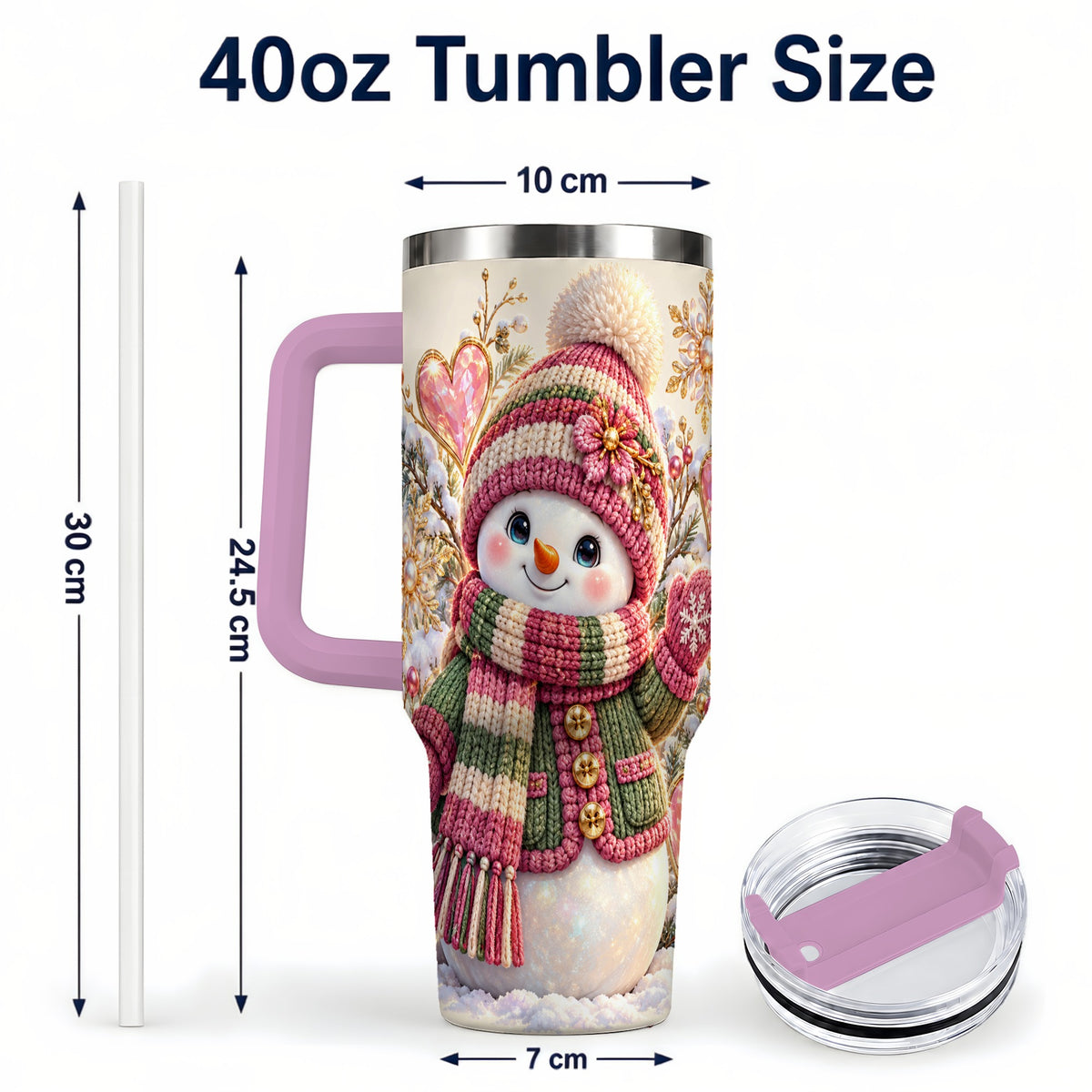 #pl[40oz|Pink] Knitted Snowman 40oz Tumbler with Handle, Winter Heart Travel Cup