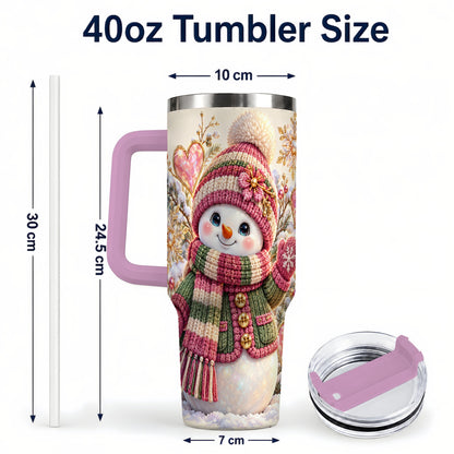 #pl[40oz|Pink] Knitted Snowman 40oz Tumbler with Handle, Winter Heart Travel Cup
