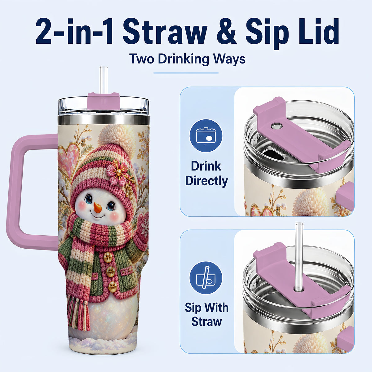 #pl[40oz|Pink] Knitted Snowman 40oz Tumbler with Handle, Winter Heart Travel Cup