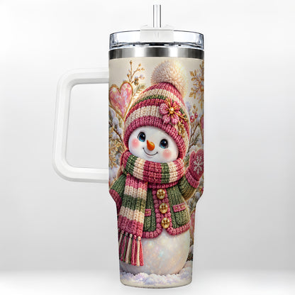Knitted Snowman 40oz Tumbler with Handle, Winter Heart Travel Cup