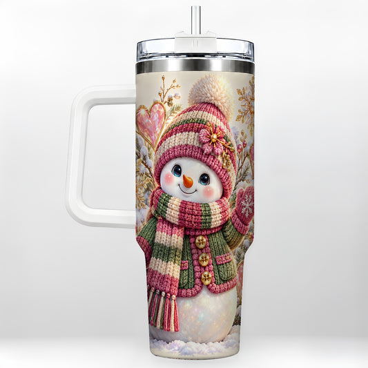Knitted Snowman 40oz Tumbler with Handle, Winter Heart Travel Cup
