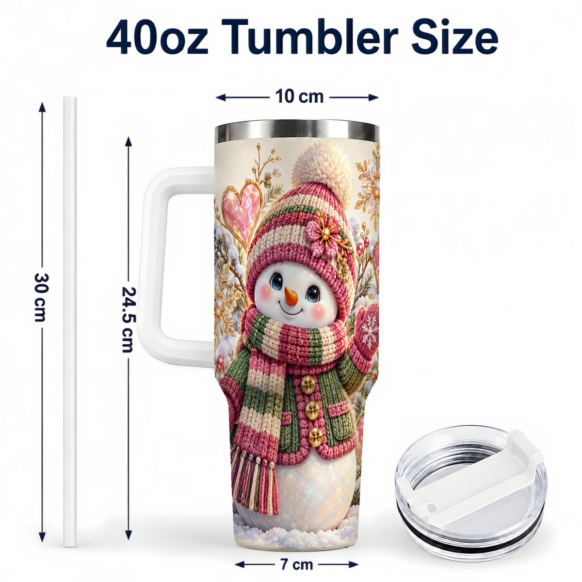 #pl[40oz|White] Knitted Snowman 40oz Tumbler with Handle, Winter Heart Travel Cup