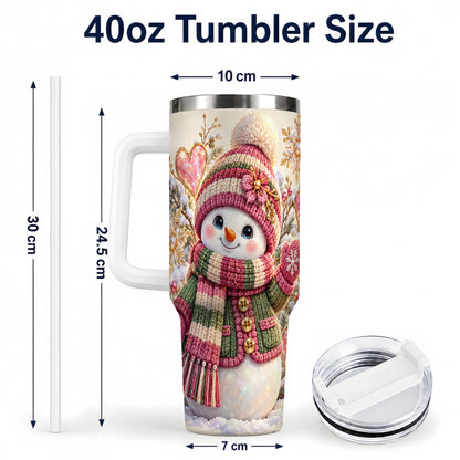 #pl[40oz|White] Knitted Snowman 40oz Tumbler with Handle, Winter Heart Travel Cup