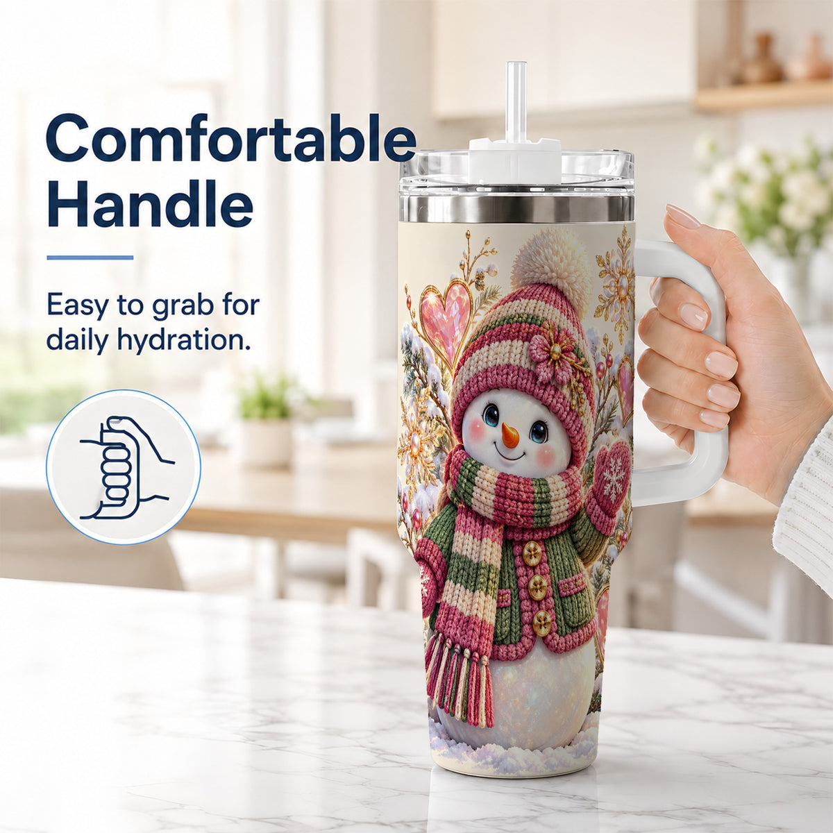 #pl[40oz|White] Knitted Snowman 40oz Tumbler with Handle, Winter Heart Travel Cup