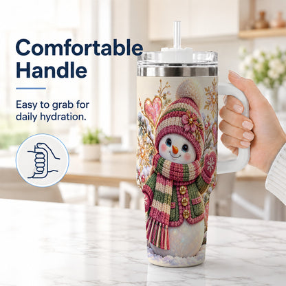 #pl[40oz|White] Knitted Snowman 40oz Tumbler with Handle, Winter Heart Travel Cup