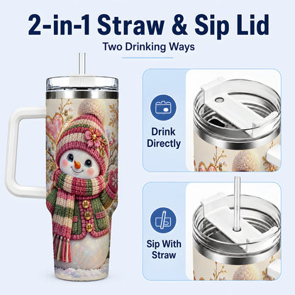 #pl[40oz|White] Knitted Snowman 40oz Tumbler with Handle, Winter Heart Travel Cup